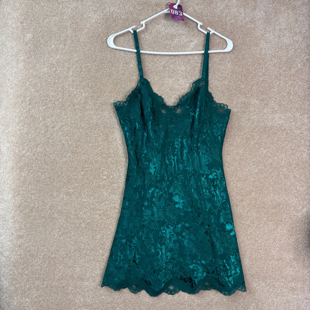 VINTAGE VICTORIA'S SECRET Chemise Slip Womens Medium Green Gold Label Satin Lace